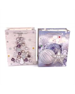 Karácsonyi dísztasak fehér, glitteres - többféle minta 26*32*10 cm